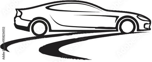 Stylized black and white outline of a sleek car on a winding road