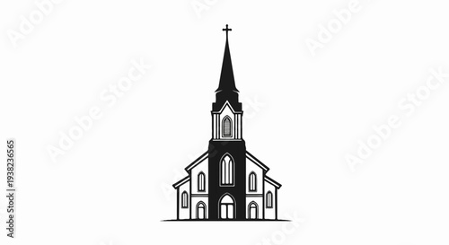Stylized black and white illustration of a classic church building with a tall steeple