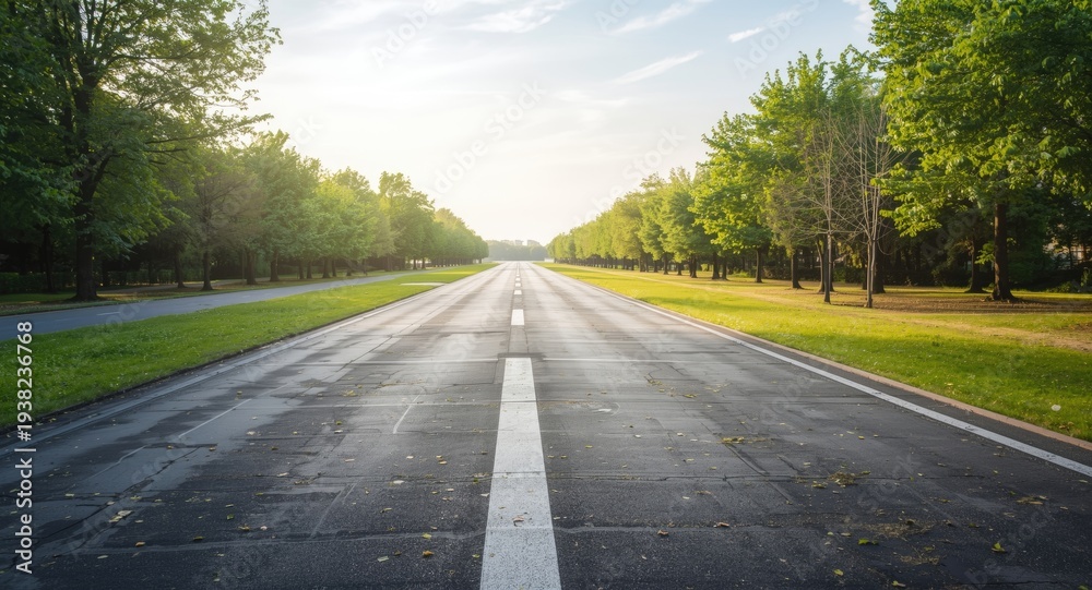 Fototapeta premium Comprehensive view of a smooth runway surface near thriving park vegetation in the late day