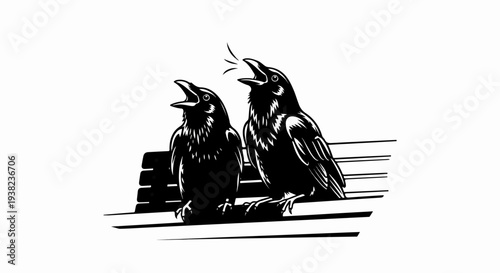 Two black birds perched and singing on a wooden structure