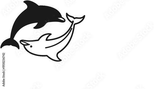 Two stylized dolphins, one solid black, one outlined, appear to swim in a circular motion