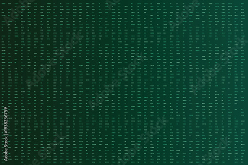 Digital binary code numbers in bright green on a dark green gradient technology background