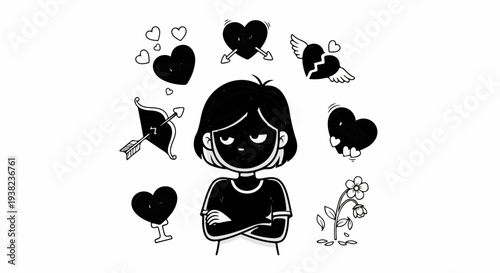 Unhappy person surrounded by love symbols and a wilting flower