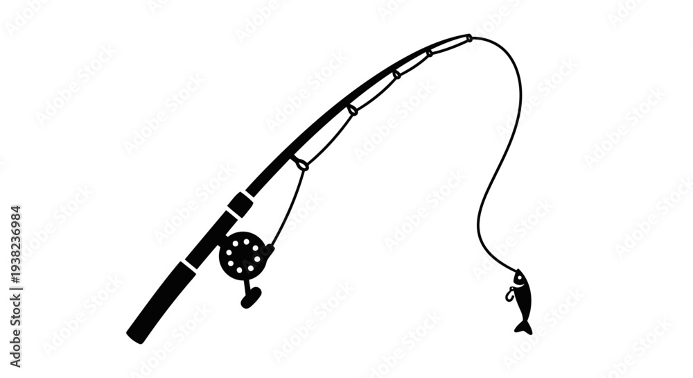 Fototapeta premium Solid Black Fishing Rod with Line and Lure Silhouette Minimal Angling Vector Illustration