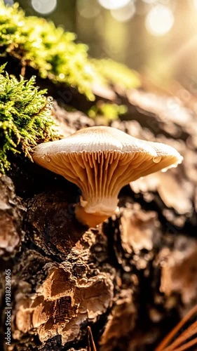 Delicate mushroom growing on a mossy tree trunk in a sun-dappled forest showcasing natural beauty and the intricate details of woodland ecosystems