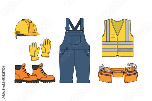 vector illustration of a set of worker uniform and gear clipart with hard hat, work boots, gloves, overalls, safety vest, and tool belt for labor day symbol