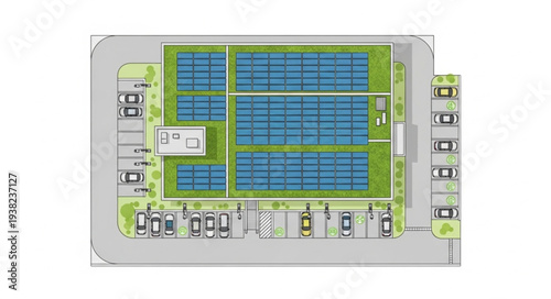 Aerial view of a large solar panel farm with parking lot.