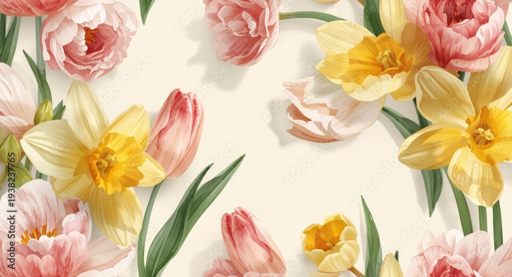 Obraz premium Floral watercolor pattern with tulips and daffodils for seasonal celebrations