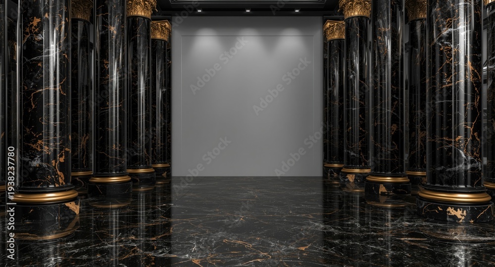 Fototapeta premium Black and gold marble interior complemented by towering grand columns