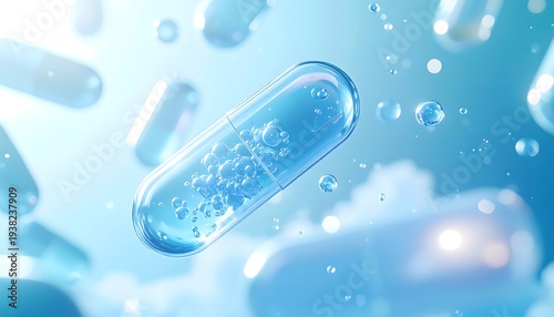 Transparent capsules containing bubbles float amidst a soft, blue, ethereal background with blurry, pill-shaped objects