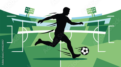 Silhouette of a soccer player kicking a ball on a green football field