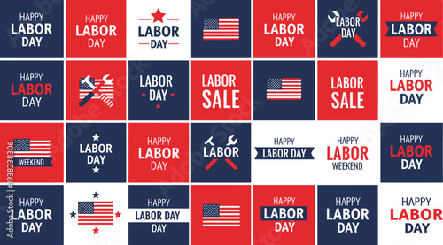 A large collection of vector graphics and icons for Labor Day, presented in a grid layout. The designs feature American flags, stars, and tools, using a patriotic red, white, and blue color scheme for