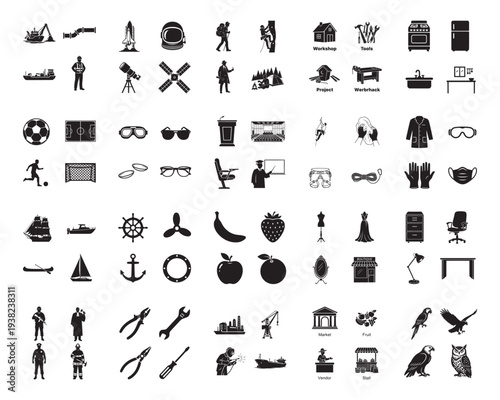 A collection of diverse black and white silhouette icons representing various professions, objects, and activities is meticulously arranged in a grid formation.