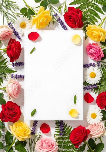 Floral frame with roses, daisies and lavender on a white background