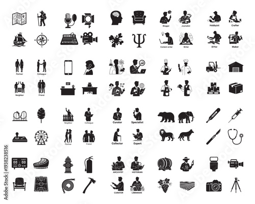 A diverse array of black and white silhouette icons is presented in a grid, showcasing symbols for travel, science, business, and leisure activities.