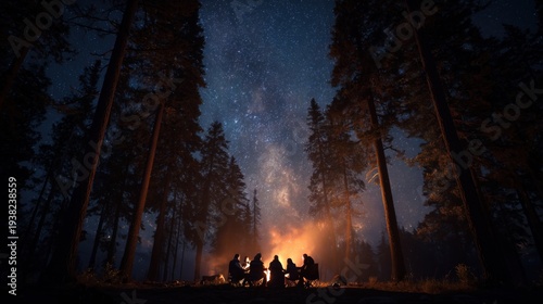 Group of friends sitting around a campfire in pine forest under starry night sky.