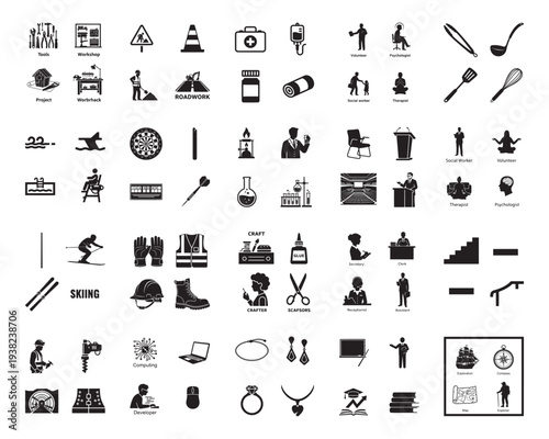 A meticulously organized grid displays numerous black and white silhouette icons representing design, law, education, and various professions and activities.