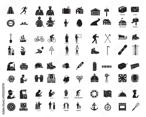 A wide selection of black and white silhouette icons is presented in a grid, depicting activities like running, skiing, and various forms of recreation.