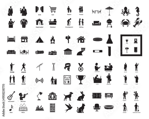 A multitude of black and white silhouette icons is arranged in a grid, representing communication devices, household items, and professional settings.