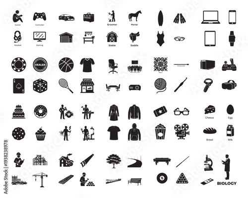 A detailed grid displays numerous black and white silhouette icons, showcasing elements of construction, industry, and various manual labor professions.