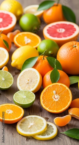 Fresh Citrus Variety Displayed on Rustic Wooden Surface, Captivating Still Life