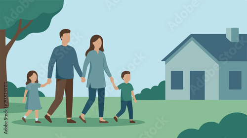 Happy family with two children walking outdoors near their house