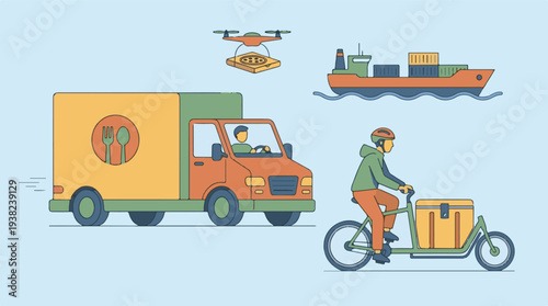 Food and Goods Delivery Logistics with Truck, Drone, Ship, and Bike