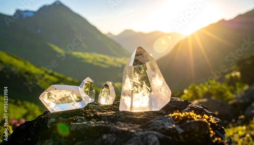 Transparent crystals glisten upon a mossy rock, framed by a sunlit mountain range landscape background