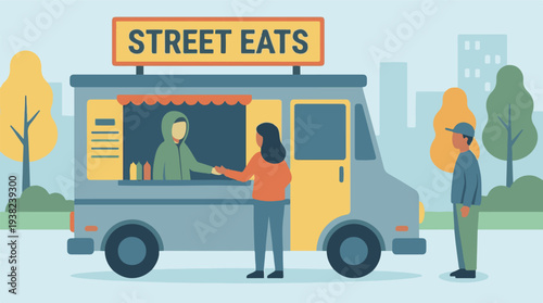 Street Eats Food Truck Serving Customers in Urban Park Illustration