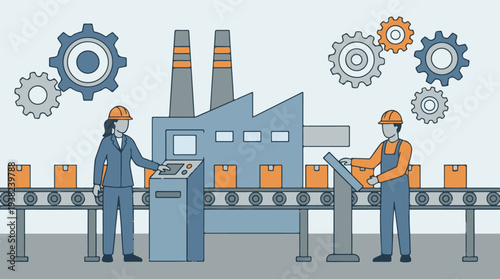 Industrial production line with workers, conveyor belt, and factory machinery