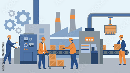 Manufacturing process with factory workers operating machinery and conveyor belt