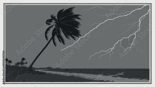Dramatic Vector Illustration of a Palm Tree Bending in High Winds with Lightning Strike