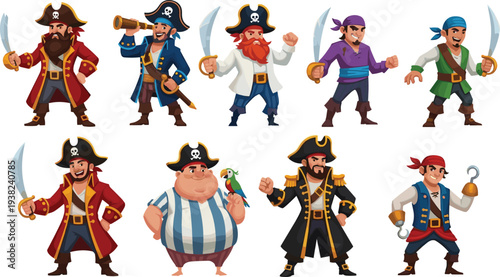 Pirate Cartoon Characters Collection with Sea Captains, Buccaneers, Swords and Hook Hand Adventure Vector Illustration Set