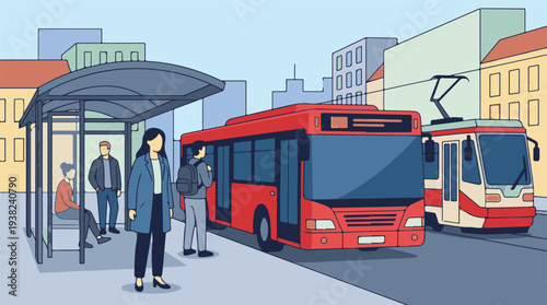 Urban public transport scene with people at bus stop, bus, and tram