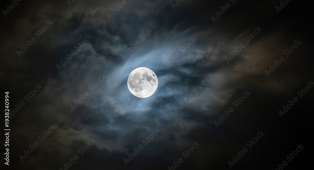 Fototapeta premium Bright full moon peeking through light wispy clouds