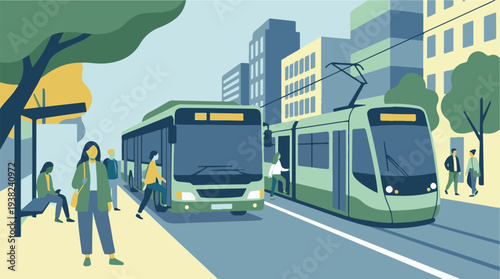 Commuters using bus and tram for public transport in urban city