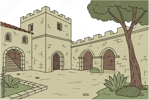 Ancient stone castle courtyard cartoon simple vector illustration