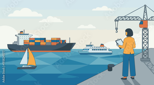 Port logistics with cargo ship, ferry, sailboat, crane, and worker.