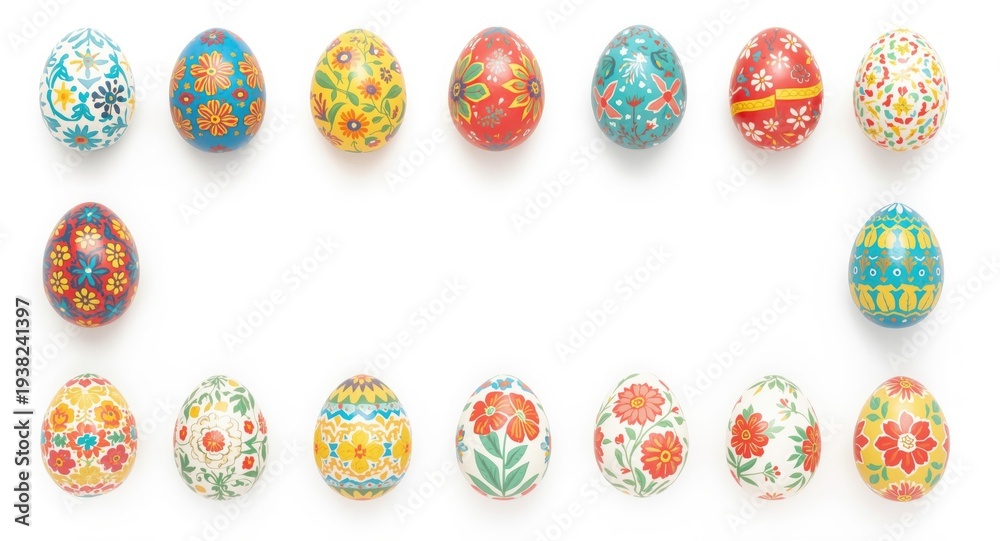 Fototapeta premium Brightly decorated Ukrainian Easter eggs showcased on plain white background featuring copy space