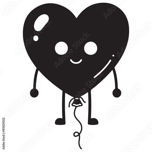 Cute Black Heart Balloon Character with a Happy Face
