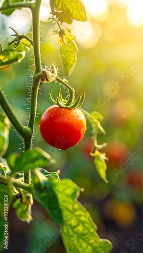 Ripe tomato on vine, bathed in golden light, amidst leafy green foliage