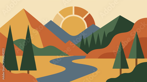 Abstract nature landscape with mountains, river, trees, and stylized sun