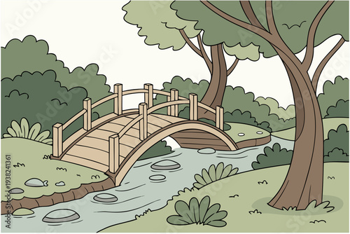 Forest bridge over a stream cartoon background simple vector illustration