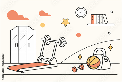 Gym fitness room cartoon background simple vector illustration