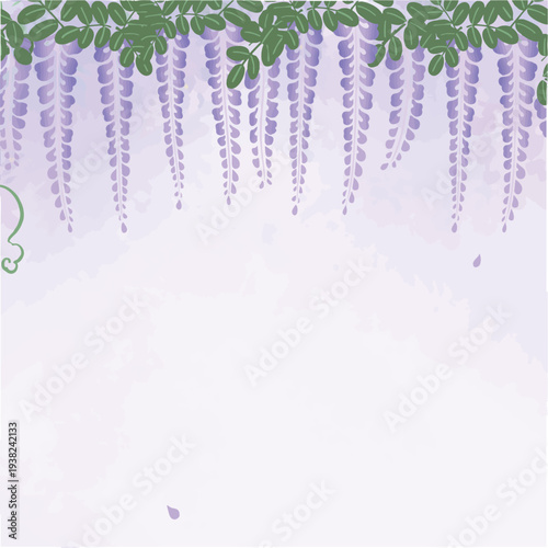 藤の花の正方形フラット背景｜上部から下がる和風ボタニカルデザイン