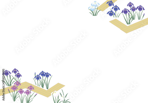 菖蒲の花フレーム（対角装飾）フラットベクター｜初夏の和風枠素材（背景透過）