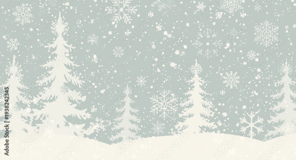 Obraz premium White Christmas trees in a peaceful snowflake setting using flat design for seasonal themes