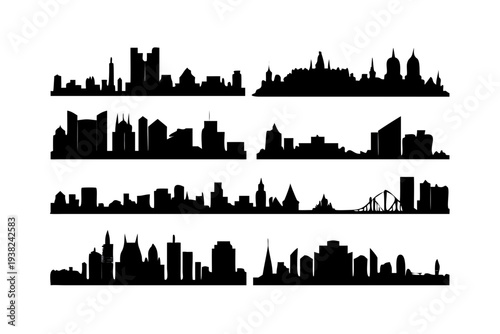 Collection of City Skylines Silhouettes Against White Background.
