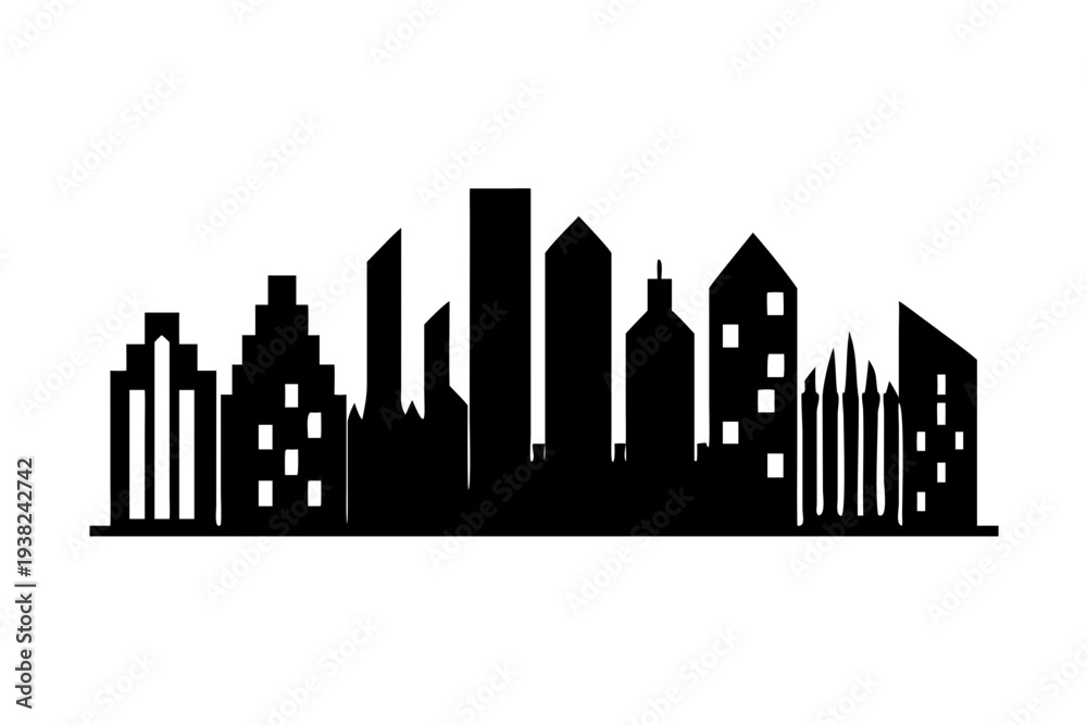 Fototapeta premium Silhouette of a modern city skyline with various tall buildings.