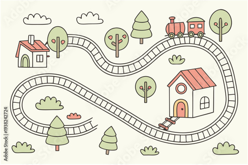 Toy train track world cartoon background simple vector illustration